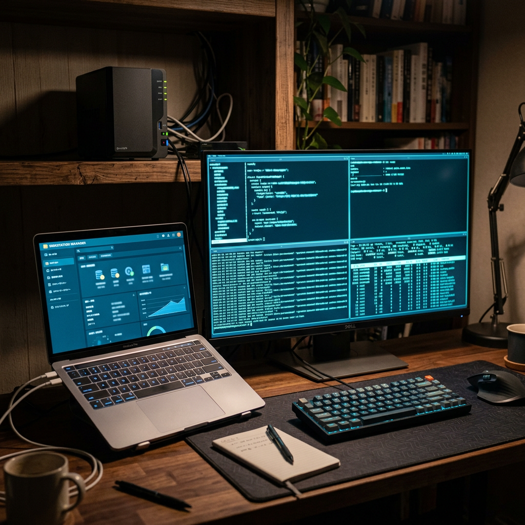 Home lab desk with laptop, dual monitors, server, keyboard, and notebook